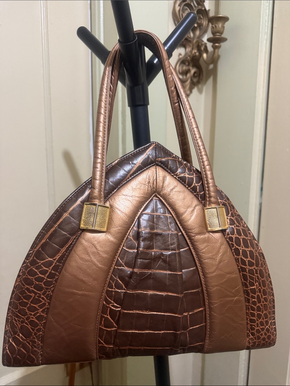 Brown Metallic Croc-Texture Structured Tote Bag - Picture 3 of 4